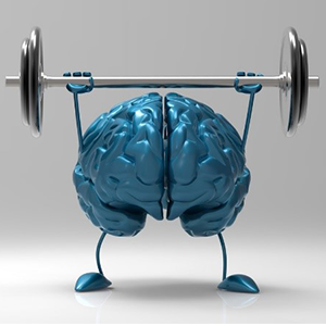 cartoon graphic of a brain lifting weights