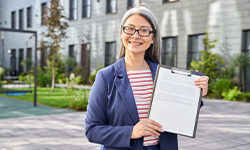 woman holding a clip board smiling